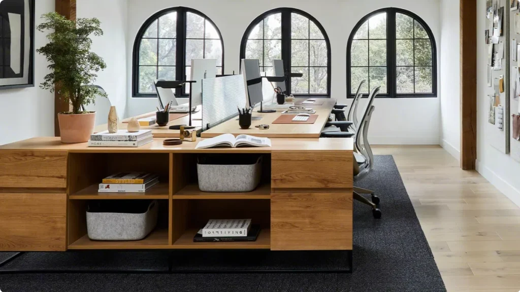 open office with wooden desks