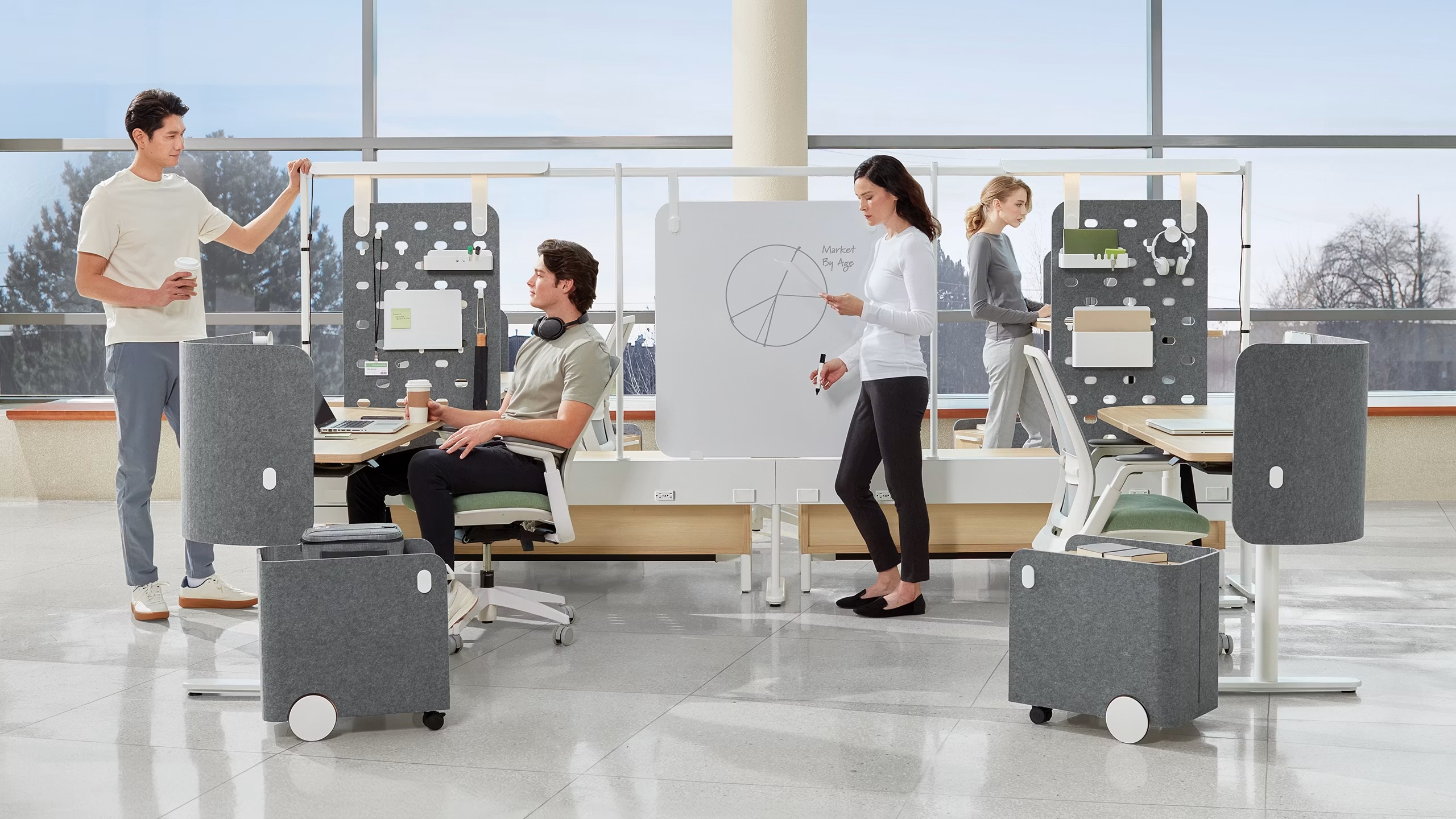 grey office furniture and people
