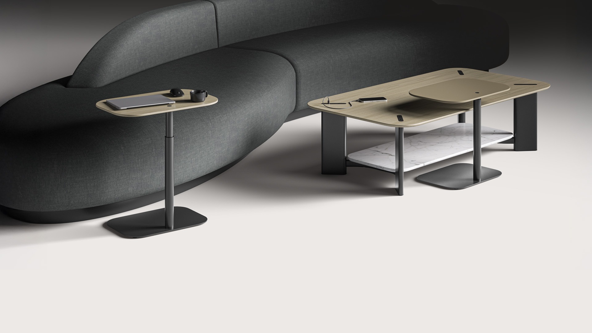 elegant dark sofa with two tables