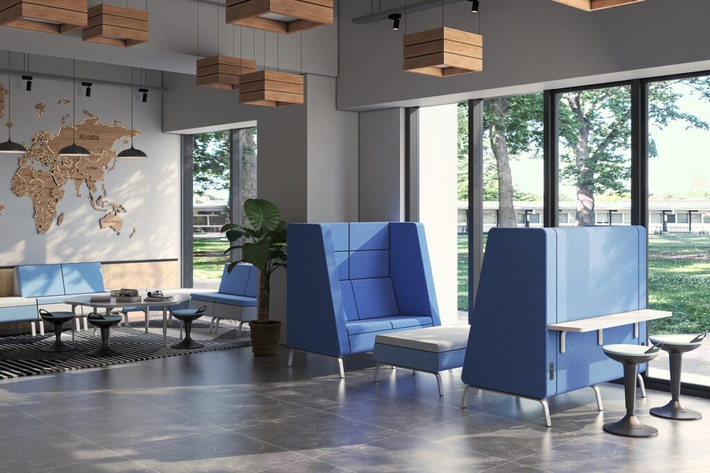 lounge with blue cubicle seating