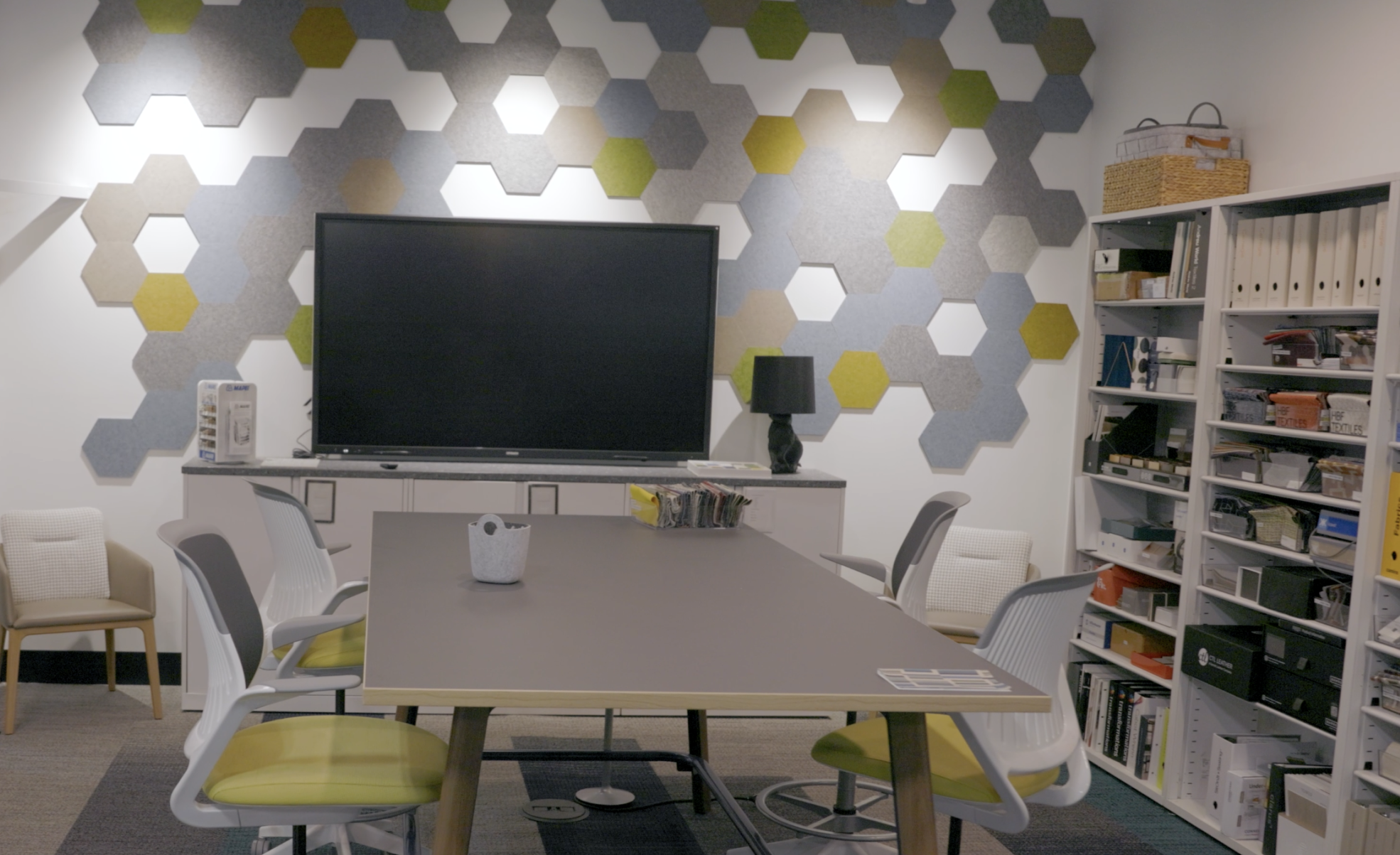 meeting room with green accent colors