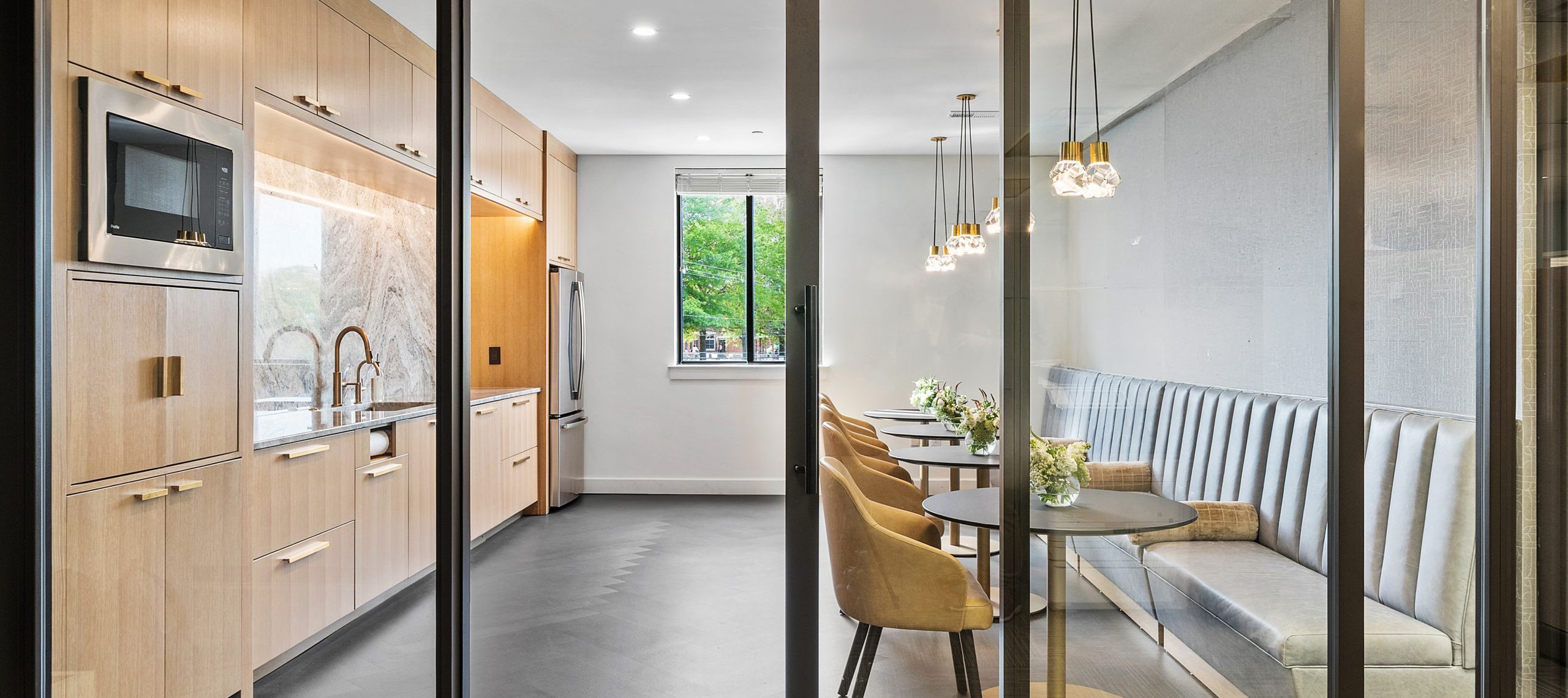 a breakroom behind glass wall